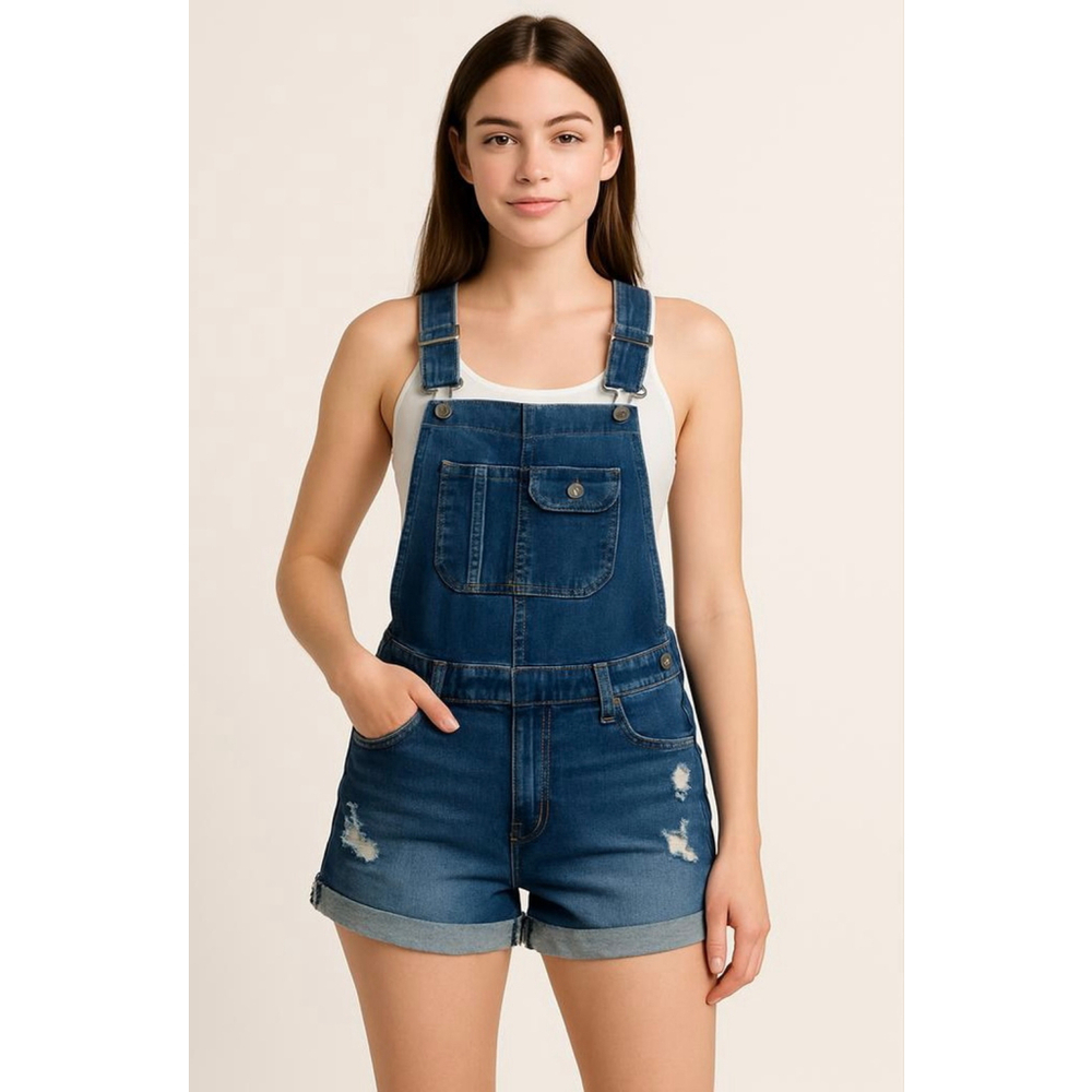 Machine Dark Wash Denim Overalls Shorts‎ Blue Distressed Lg Cabincore Fisherman